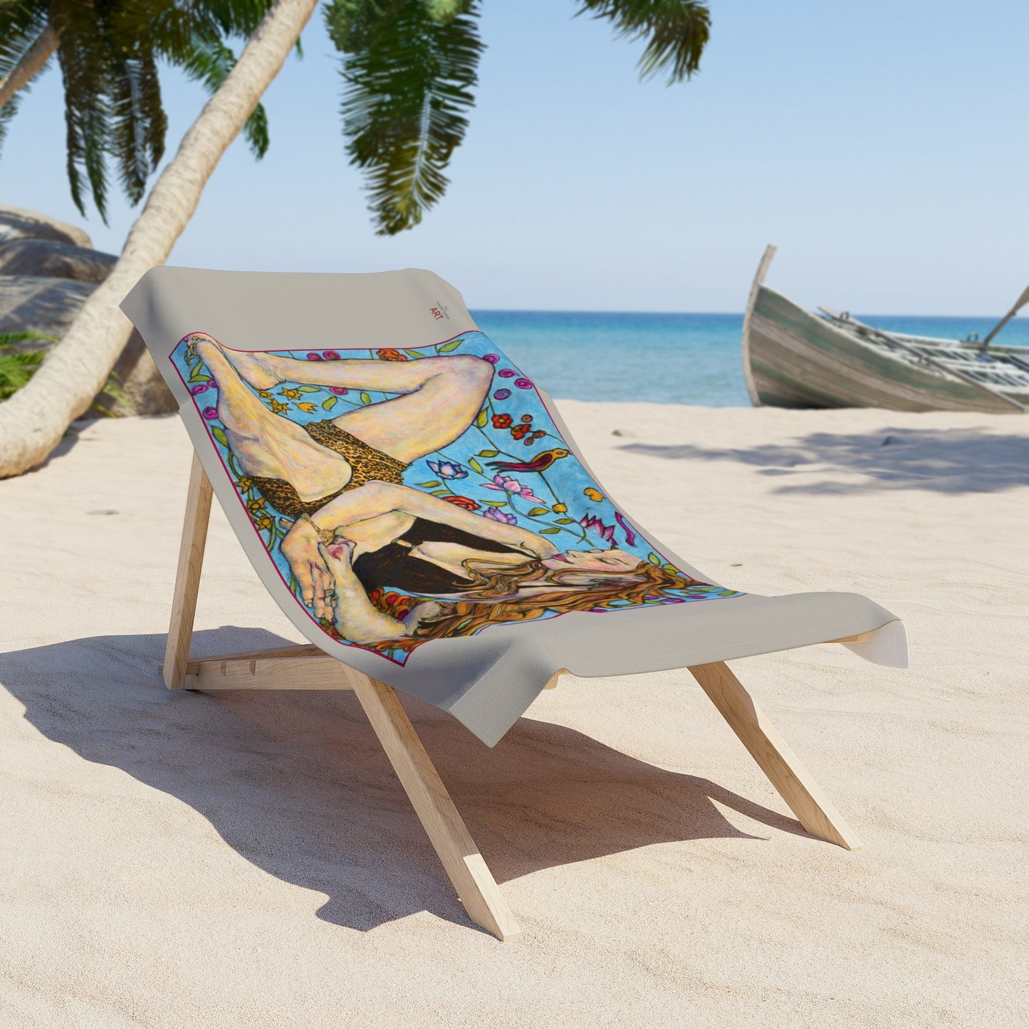 Beach Towel - Motiv: Ida, groß, roter Rahmen, Tuch: warmgrau, 76 x 152 cm