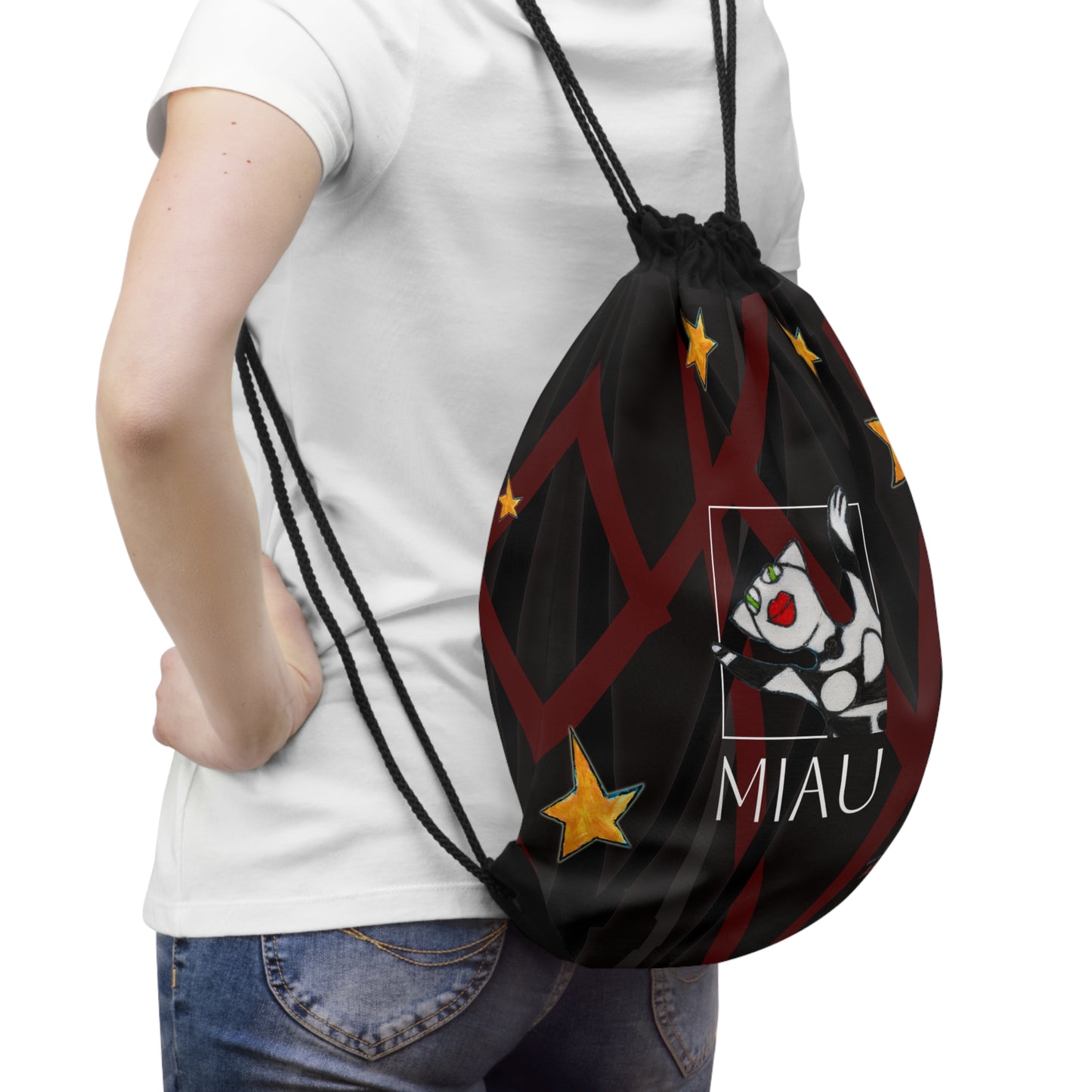 Drawstring Bag - Motiv: Vorderseite "Miau" und Rückseite "Miau" klein, Mikado 2, Sterne