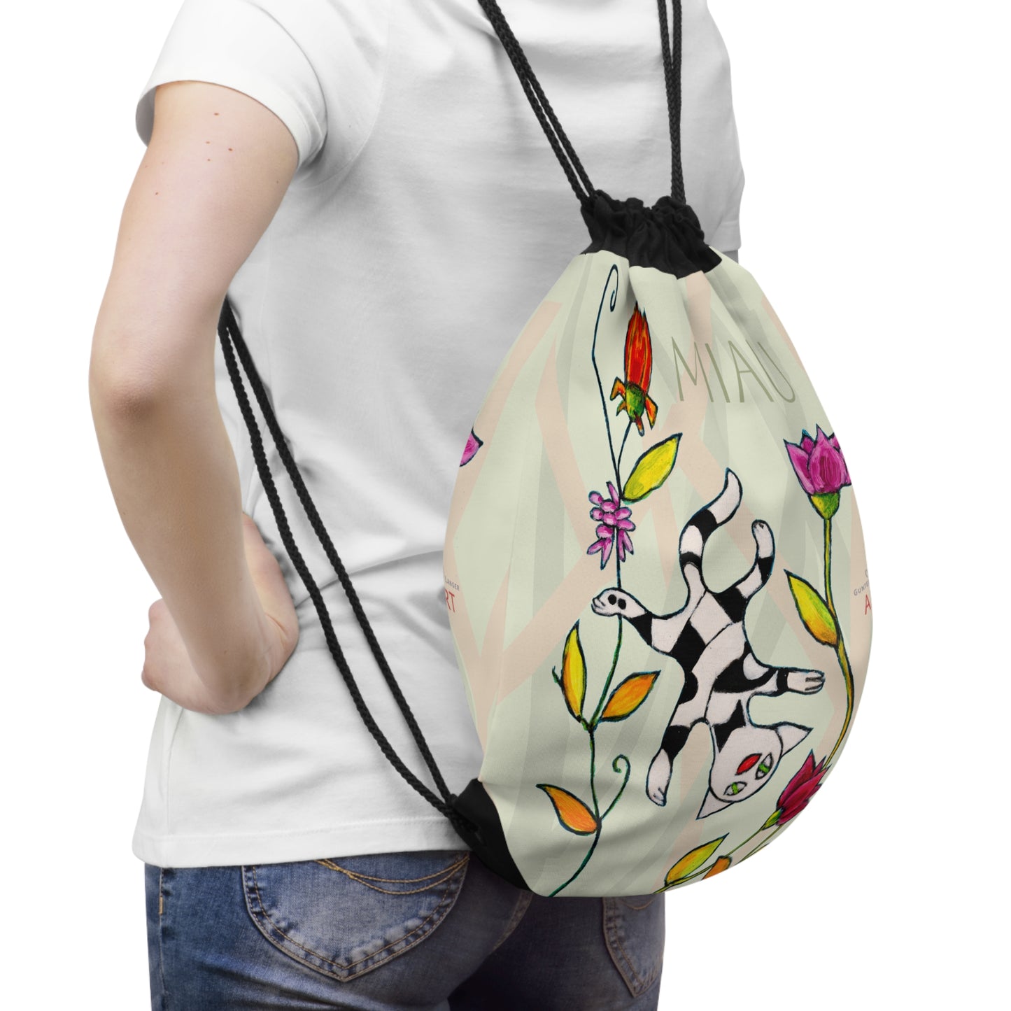 Drawstring Bag - Motiv: Vorderseite und Rückseite, Katze schwebt, Miau