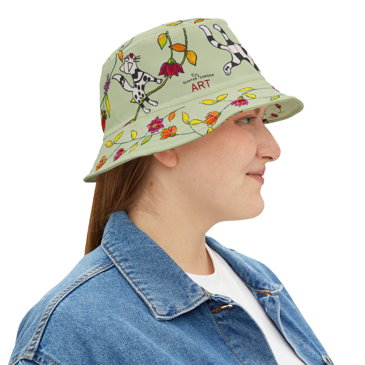 Bucket Hat (AOP) - Motiv: Katze fliegt, Ranken, grün