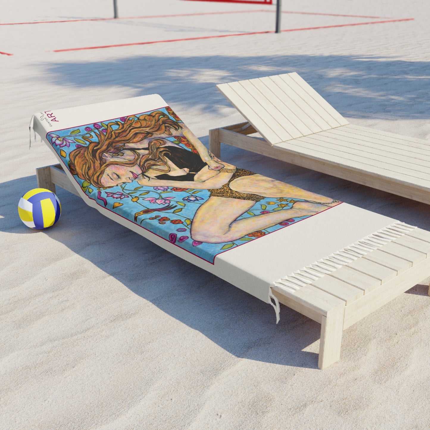 Boho Beach Cloth - Motiv Ida, groß, roter Rahmen, Tuch: beige, 97 x 206 cm