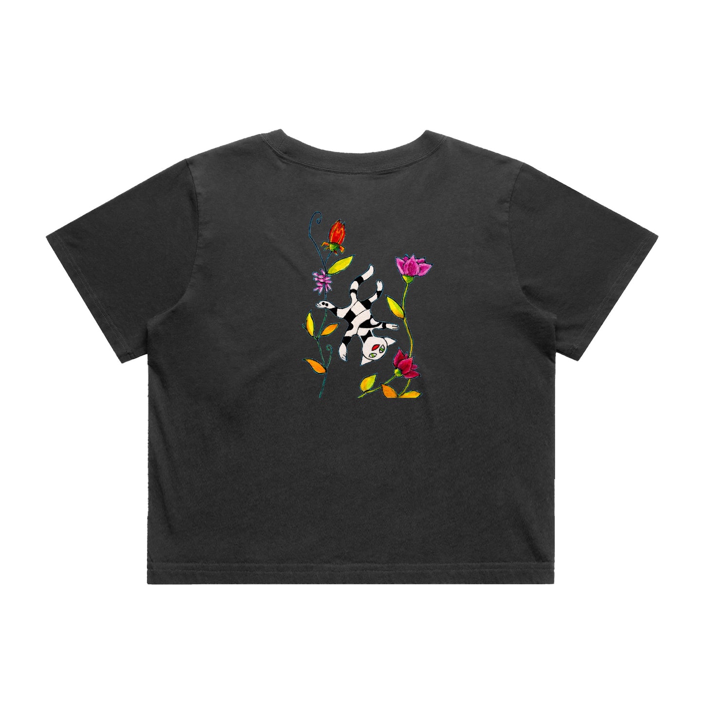 Women's Heavy Faded Crop Tee - Motiv: Katze Fliegt, Front H 13,5 cm, & Rückseite H 21,5 cm