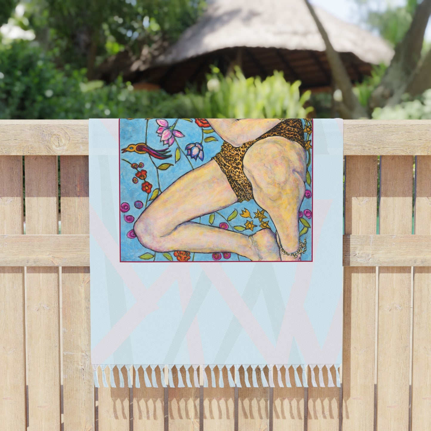 Boho Beach Cloth - Motiv: Ida, mittelgroß, roter Rahmen, Tuch: Mikado hellblau, 97 x 206 cm
