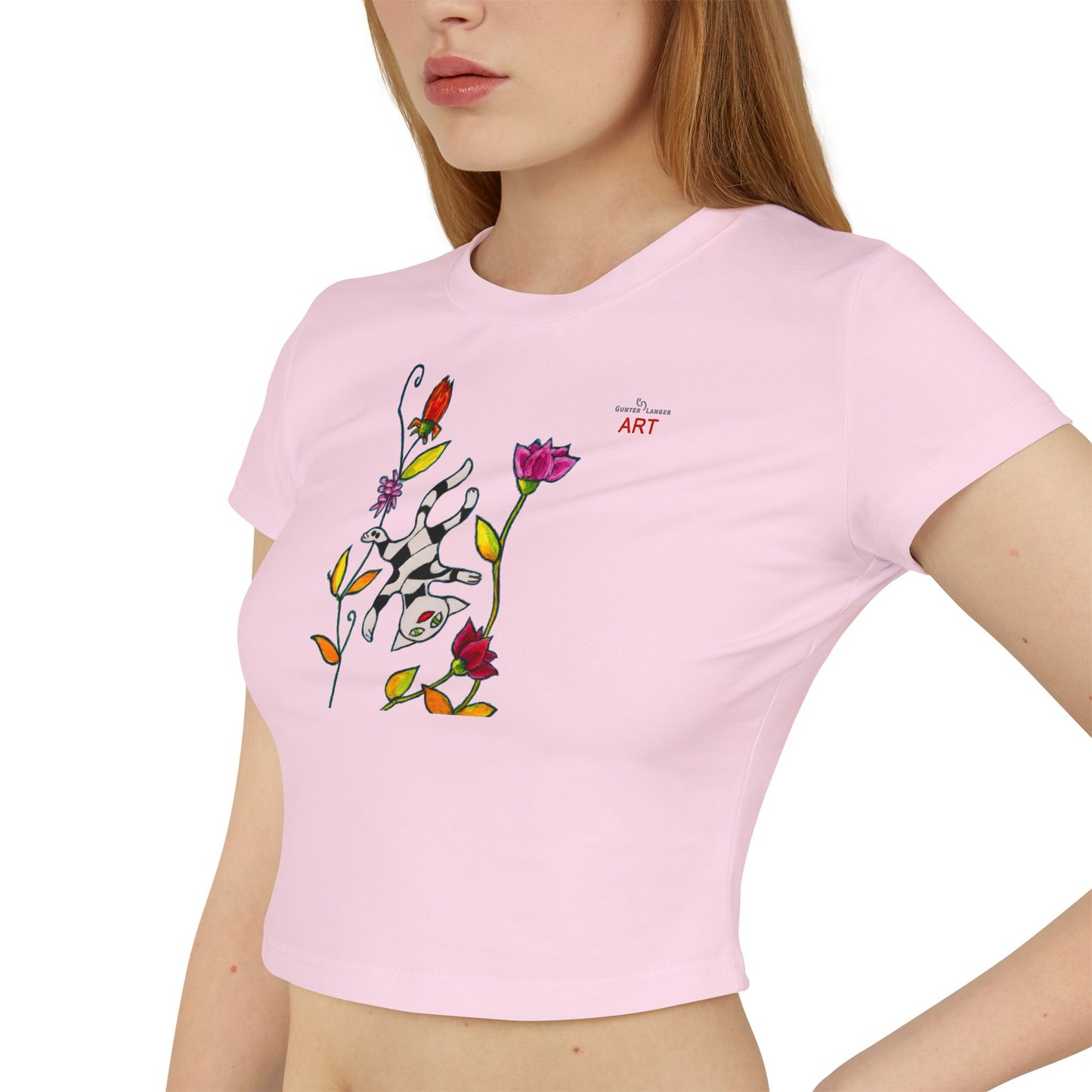 Women's Baby Tee - Motiv: Vorderseite und Rückseite, Katze schwebt & Ranken H 35 cm