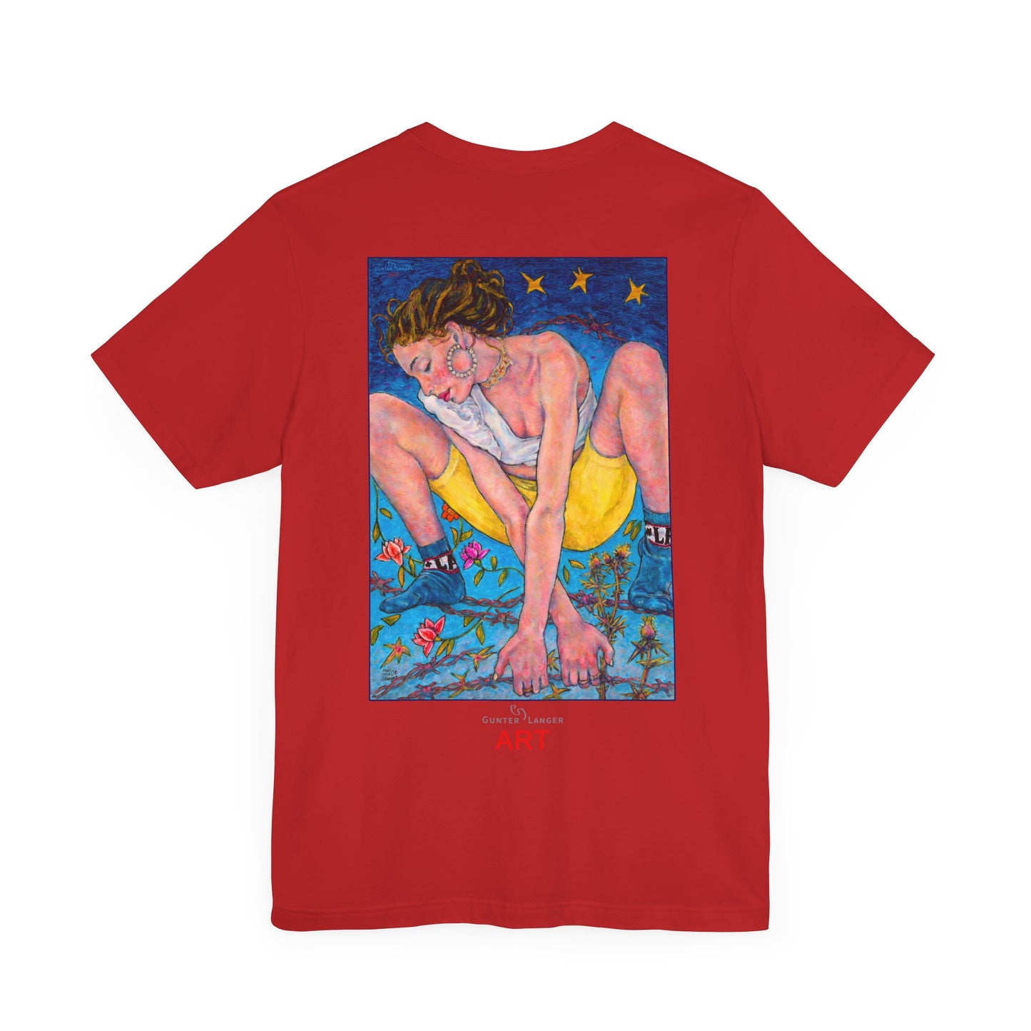 Unisex Jersey Short Sleeve Tee - Motiv: Front Alva (Ausschnitt H 7,8 cm) & Rückseite Alva, H 41 cm, Neck Label