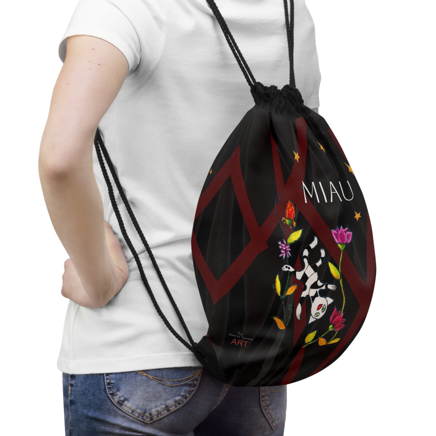 Drawstring Bag - Motiv: Vorderseite Katze fliegt und Rückseite Katze fliegt, klein, Mikado schwarz, Sterne 2