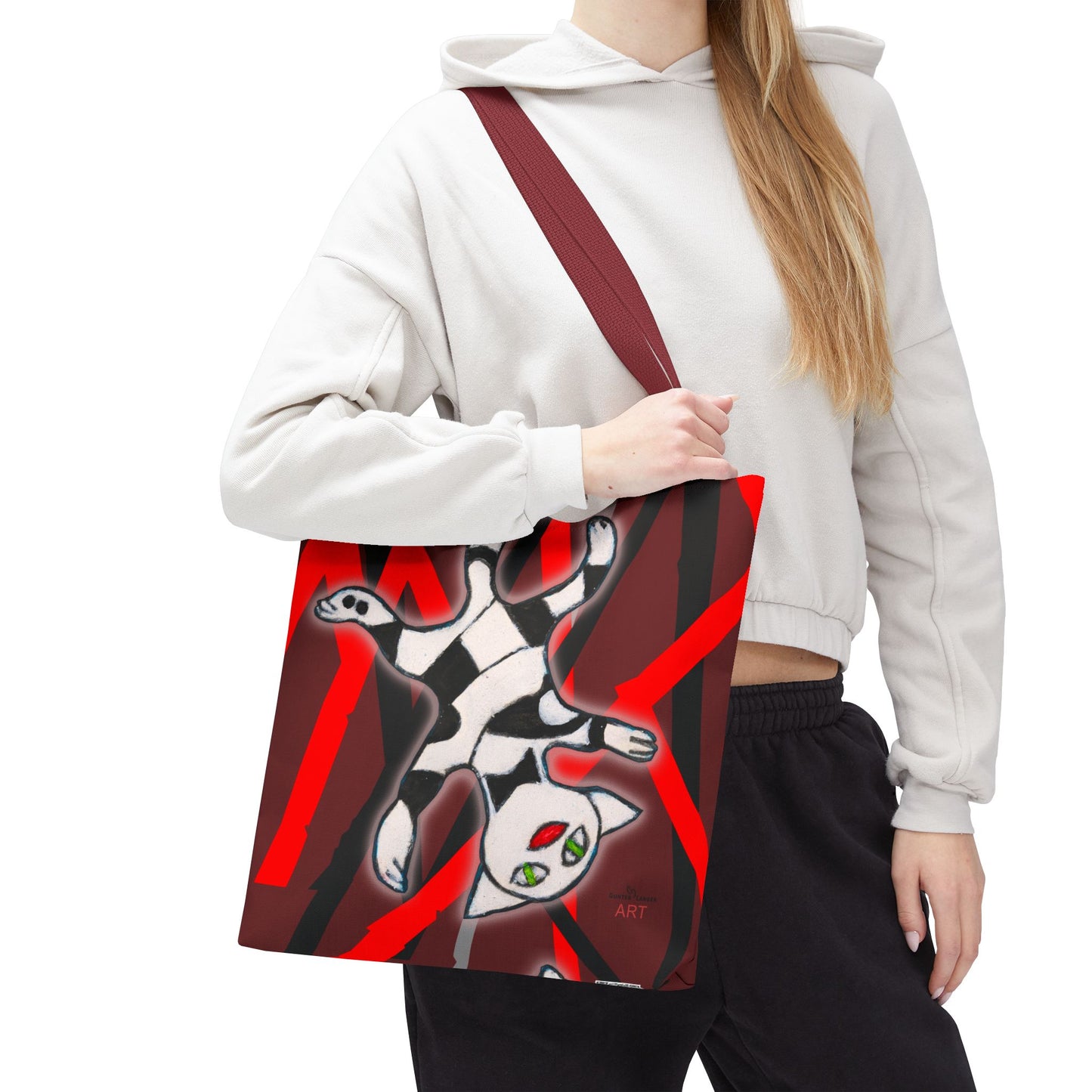 Tote Bag (AOP) - Motiv: Mikado Rot, mit Katze schwebt