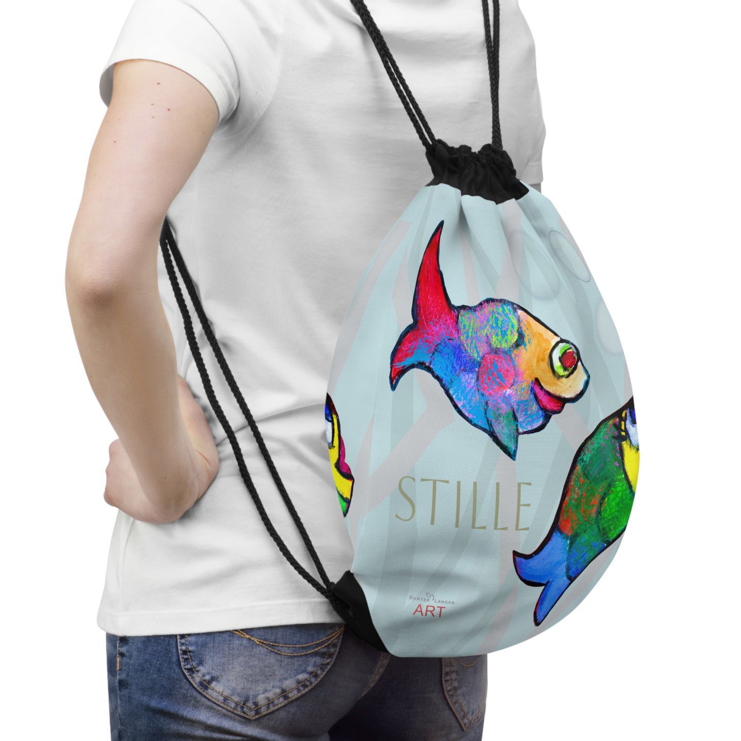 Drawstring Bag - Motiv: Vorderseite und Rückseite, Fische, blau