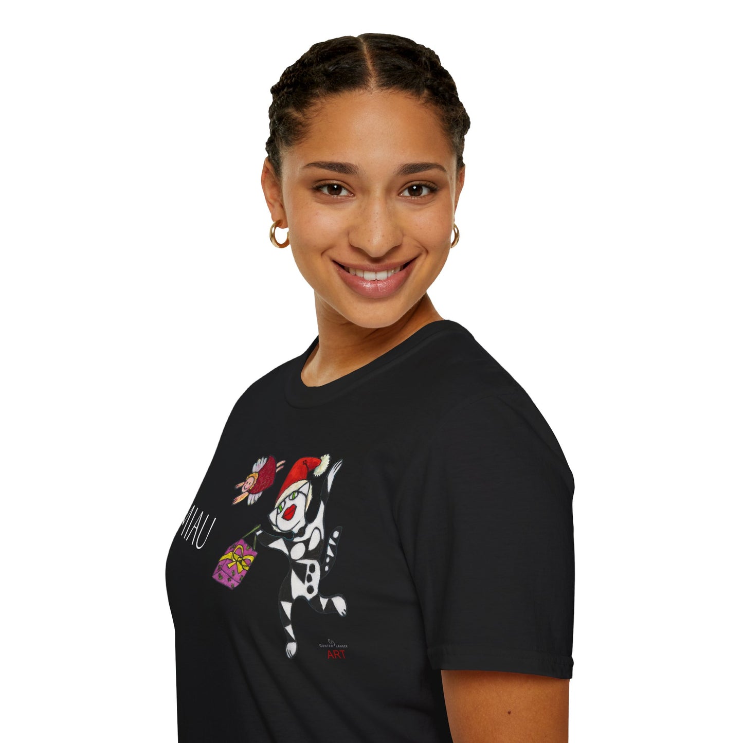Unisex Softstyle T-Shirt - Motiv: Front Miau, Weihnachtskatze, H 23 cm