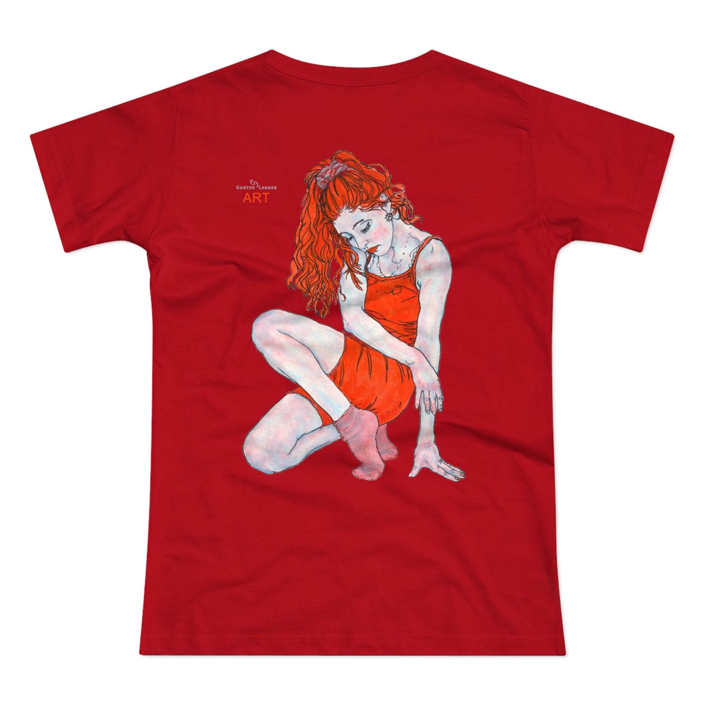 Single Jersey Women's T-shirt - dunkel - Motiv:  Front Julia, Ausschnitt 6,7 cm & Rückseite Julia, H 37 cm