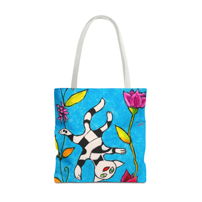 Tote Bag (AOP) - Motiv:  Front Katze schwebt, Rückseite  Katze schwebt, Blau, Ranken