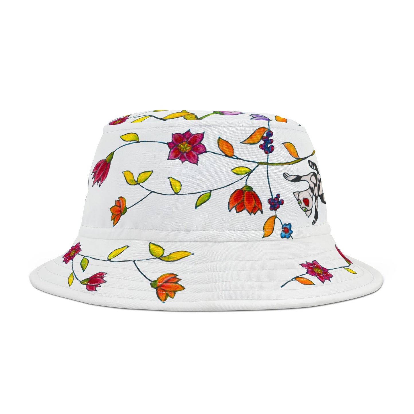 Bucket Hat (AOP) - Motiv: Katze fliegt, Ranken, Weiss