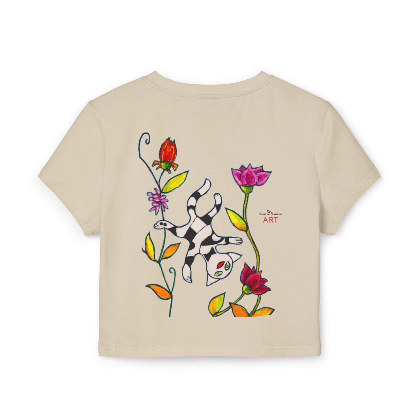 Women's Baby Tee - Motiv: Vorderseite und Rückseite, Katze schwebt & Ranken H 35 cm