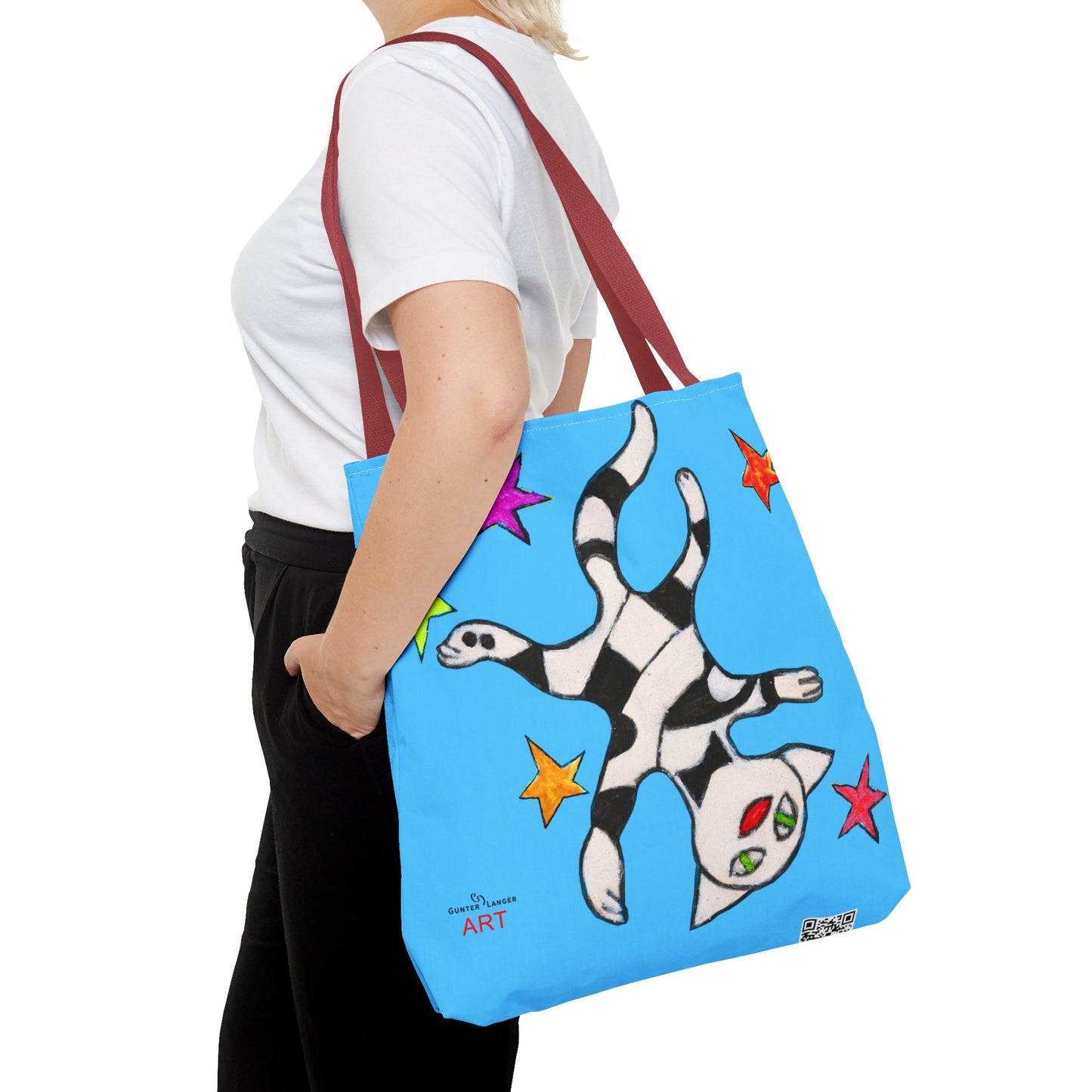 Tote Bag (AOP) - Motiv:  Front Katze schwebt & Rückseite  Katze schwebt, Blau, Sterne