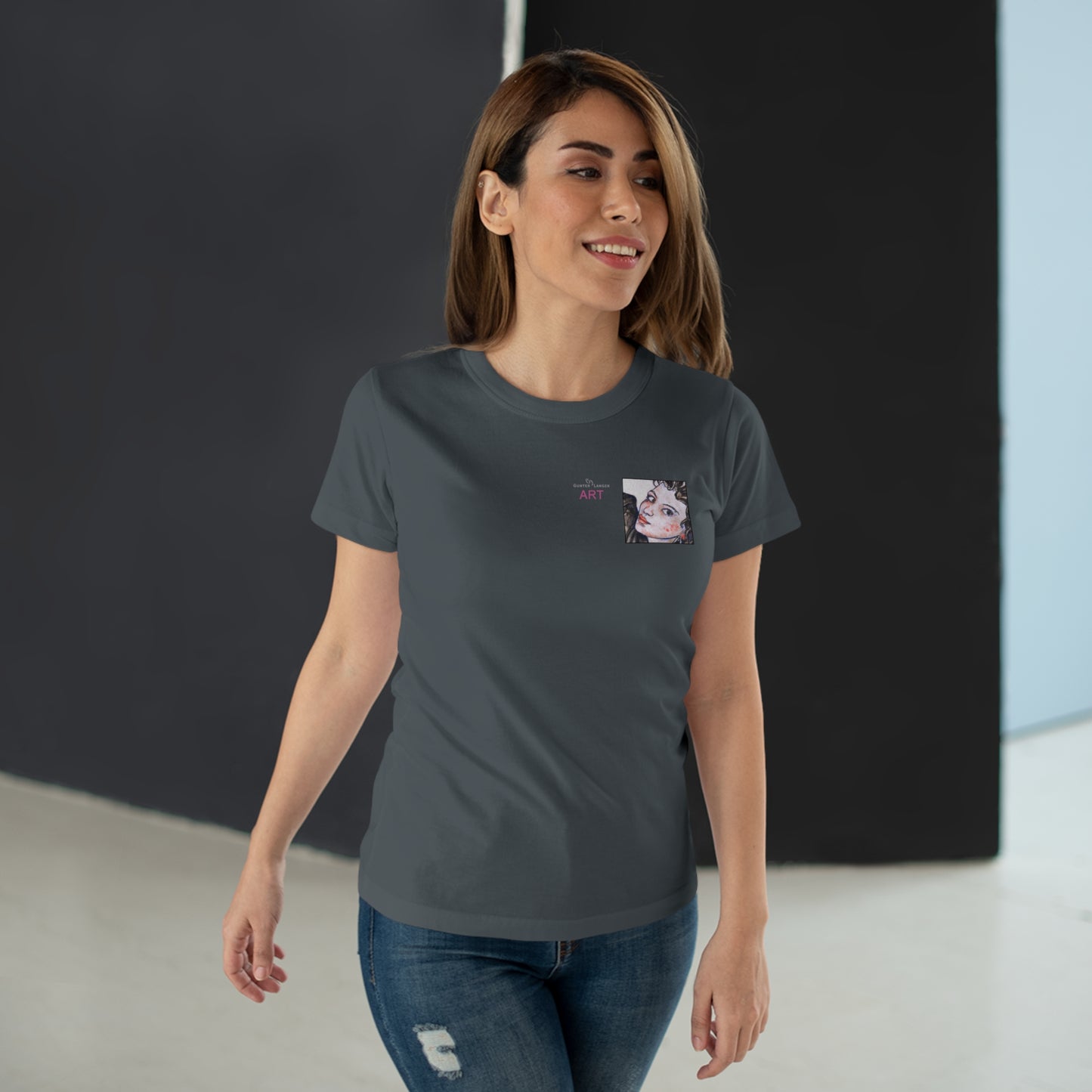 Single Jersey Women's T-shirt- dunkel - Motiv: Annette, Ausschnitt, H 7,5 cm