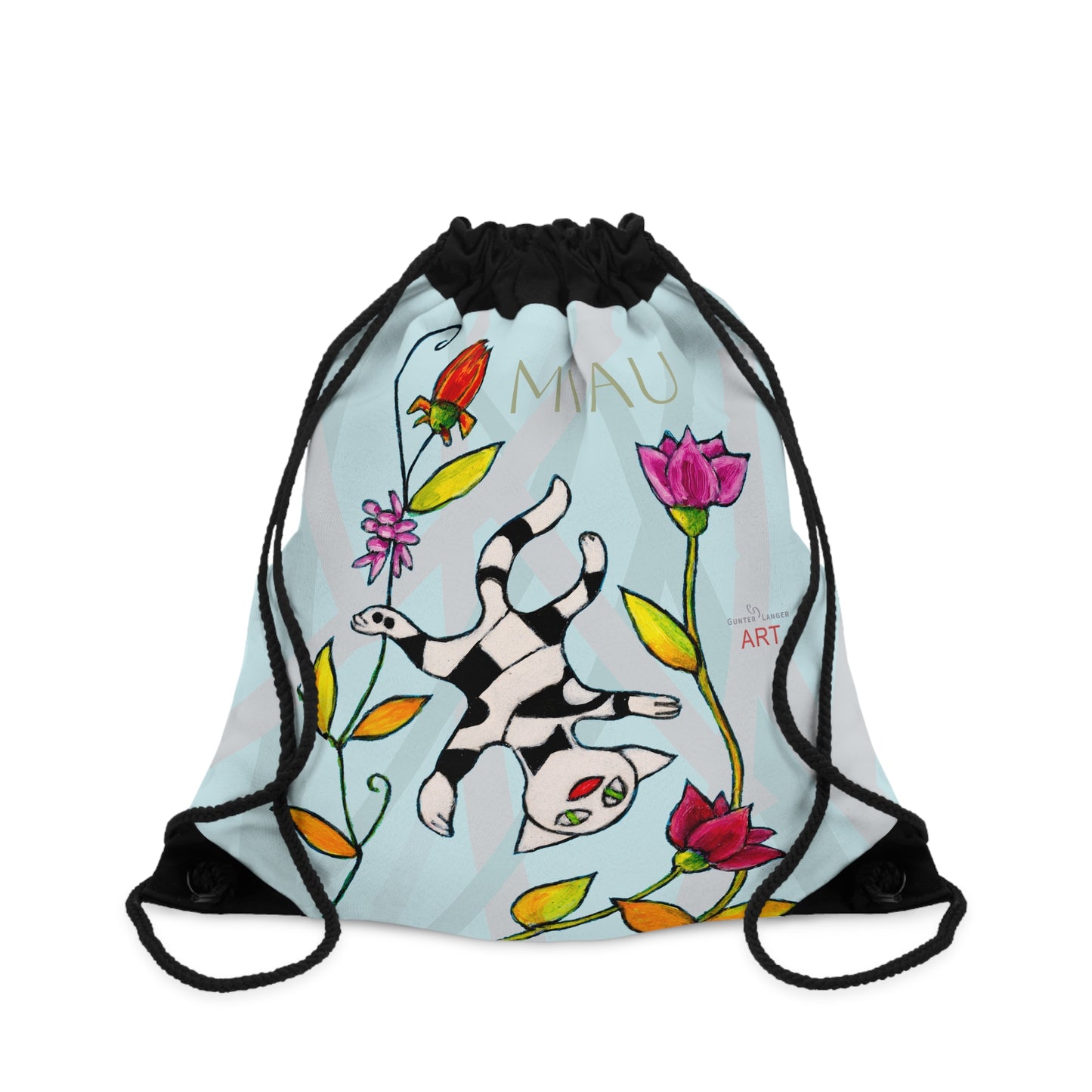 Drawstring Bag - Motiv: Vorderseite und Rückseite, Katze schwebt, Miau, blau, H 43 cm