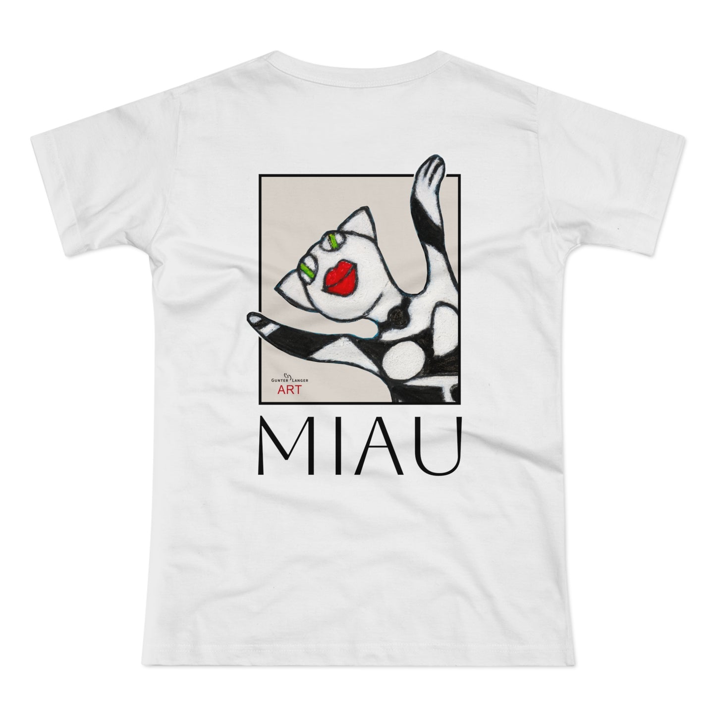 Single Jersey Women's T-shirt - hell - Motiv: Front Miau, H 15,3 cm, Rückseite Miau, H27,94 cm