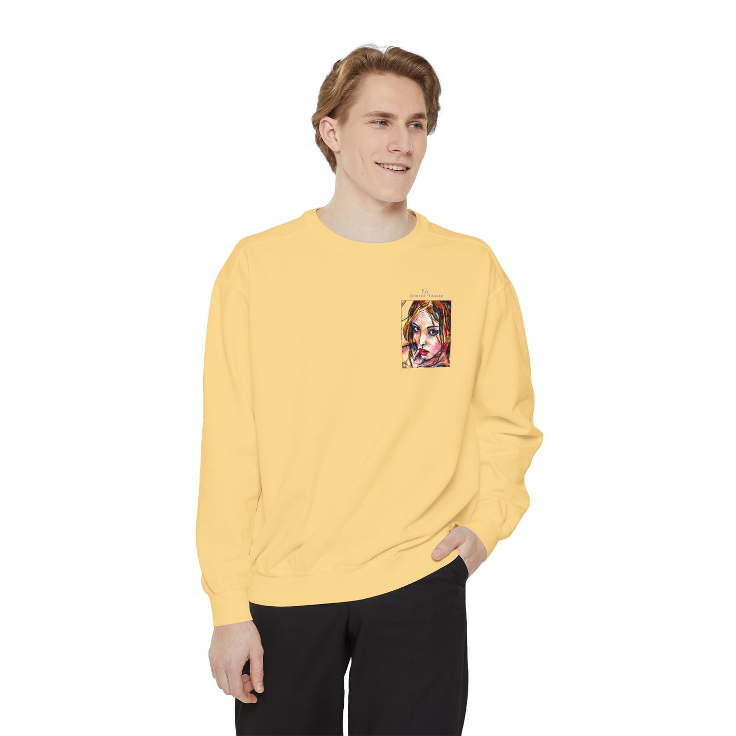 Unisex Garment-Dyed Sweatshirt - Motiv: Front Camilla (H 11,4 cm) & Rückseite Camilla / Leni, H 41 cm