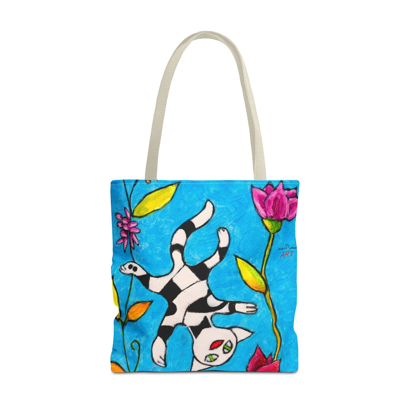 Tote Bag (AOP) - Motiv:  Front Katze schwebt, Rückseite  Katze schwebt, Blau, Ranken