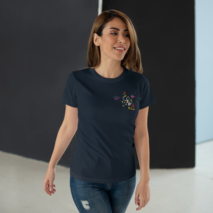 Single Jersey Women's T-shirt - dunkel - Motiv: Katze schwebt und Ranken, Vorderseite H 11 cm & Rückseite H 21,85 cm