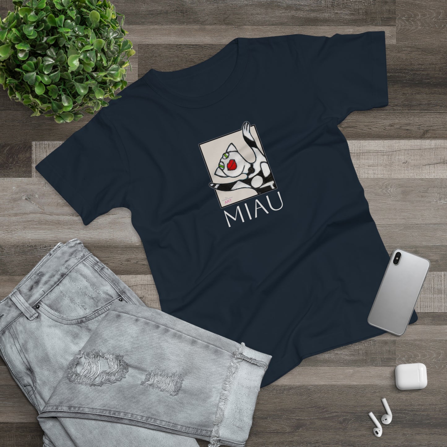 Single Jersey Women's T-shirt - dunkel - Motiv: Front Miau, H 15,3 cm, Rückseite Miau, H27,94 cm