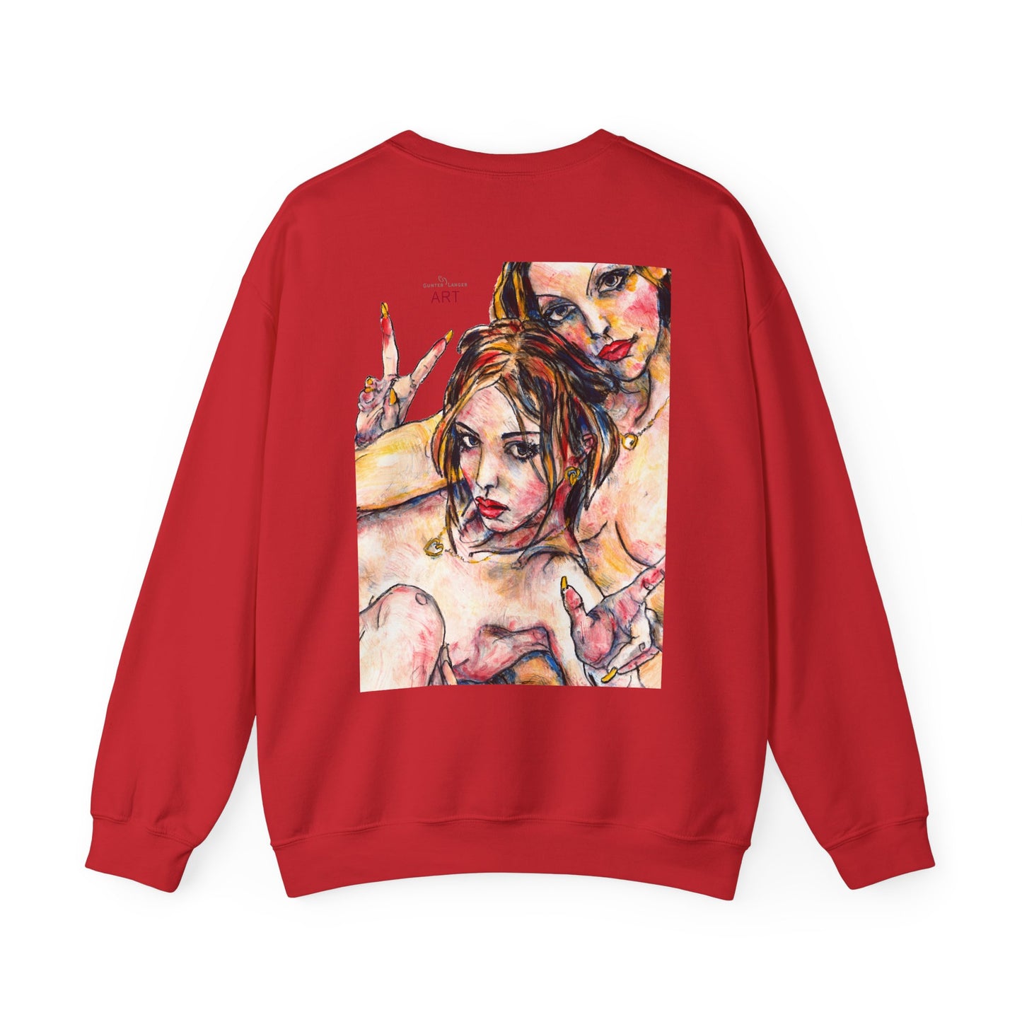 Unisex Heavy Blend™ Crewneck Sweatshirt - Motiv: Front Camilla (H 11,4 cm) & Rückseite Camilla / Leni, H 41 cm