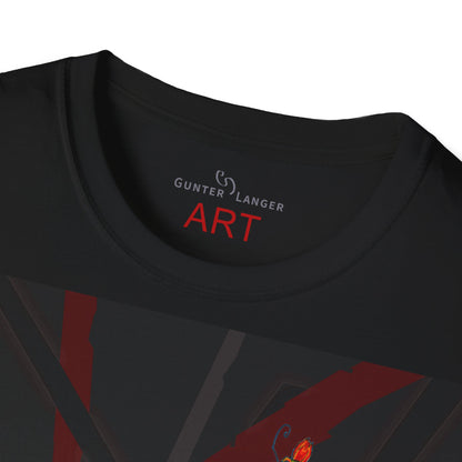 Unisex Softstyle T-Shirt - Motiv: Front, Katze schwebt, Ranken, Miau, H 11 cm, Mikado 3 & Rückseite Schrift Miau, N-Label