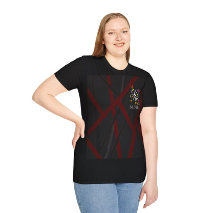 Unisex Softstyle T-Shirt - Motiv: Front, Katze schwebt, Ranken, Miau, H 11 cm, Mikado 3 & Rückseite Schrift Miau, N-Label