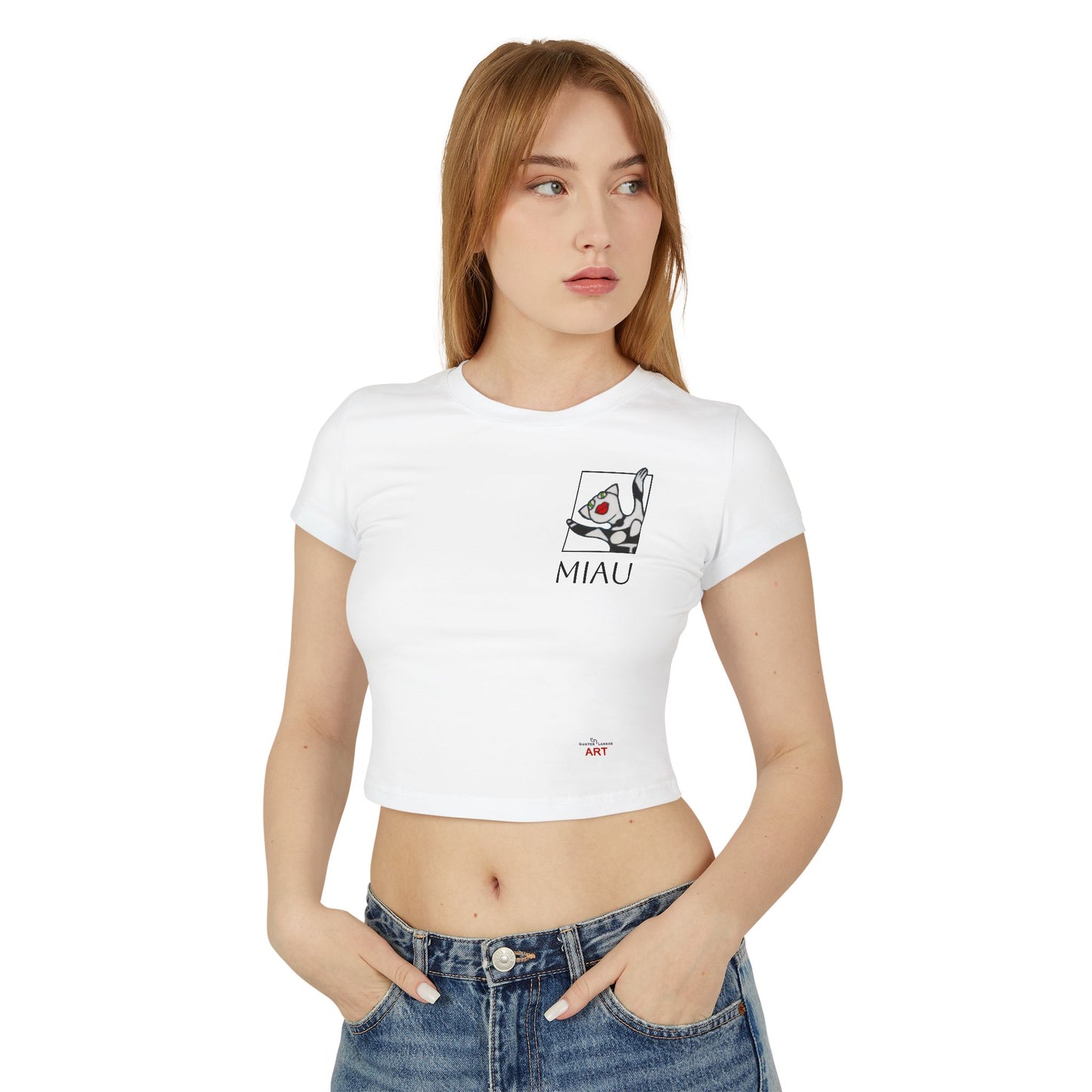 Women's Baby Tee - Motiv: Motiv: Front "Miau" klein, schwarz, H 8 cm, Rückseite "Miau"