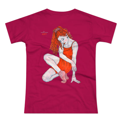 Single Jersey Women's T-shirt - dunkel - Motiv:  Front Julia, Ausschnitt 6,7 cm & Rückseite Julia, H 37 cm