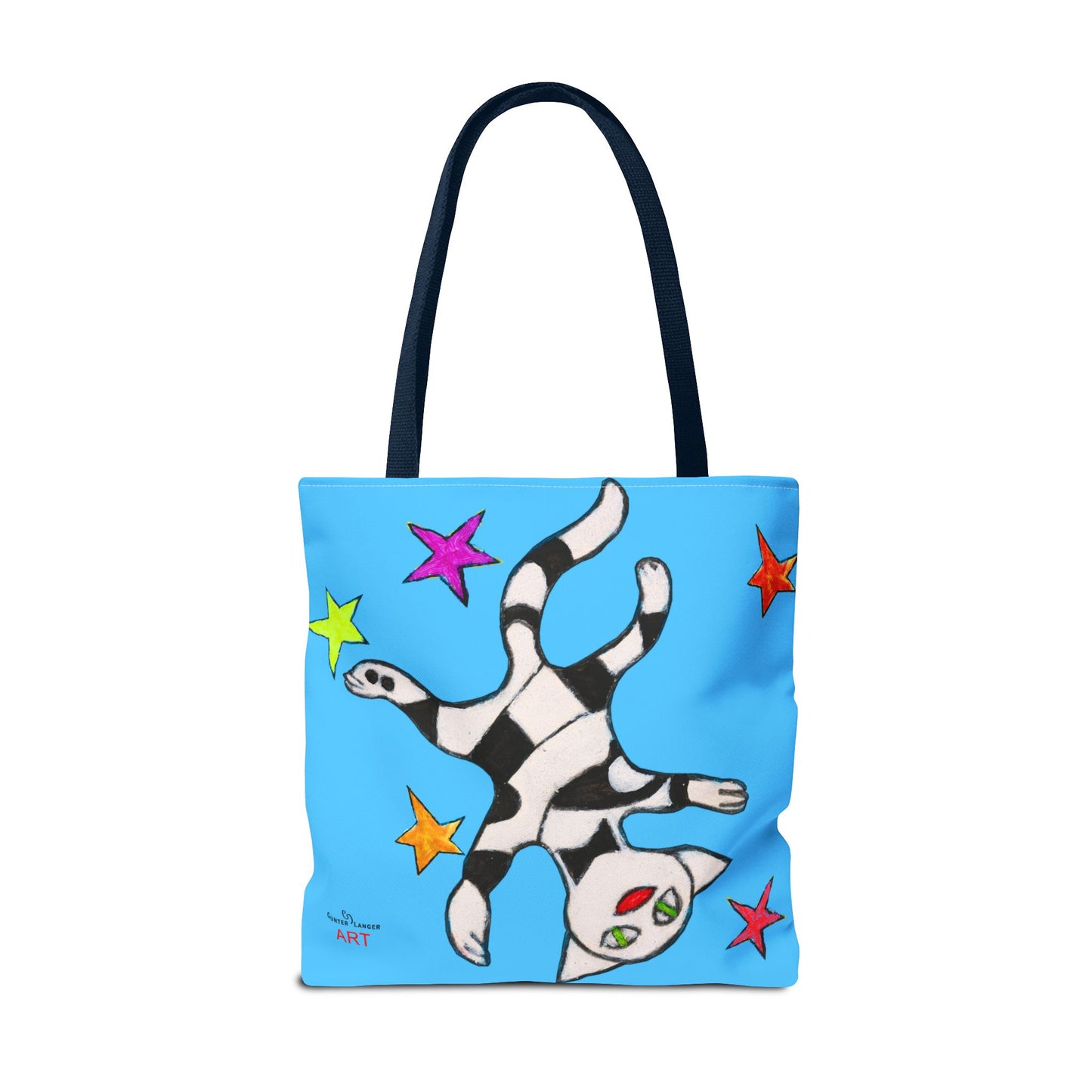 Tote Bag (AOP) - Motiv:  Front Katze schwebt & Rückseite  Katze schwebt, Blau, Sterne