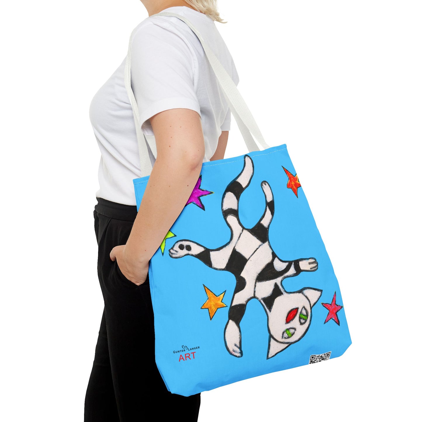 Tote Bag (AOP) - Motiv:  Front Katze schwebt & Rückseite  Katze schwebt, Blau, Sterne