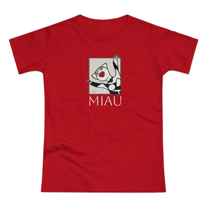 Single Jersey Women's T-shirt - dunkel - Motiv: Front Miau, H 15,3 cm, Rückseite Miau, H27,94 cm