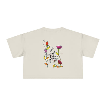 Women's Crop Tee - Motiv: Vorderseite H17,5 cm & Rückseite H26,5 cm, Katze schwebt & Ranken