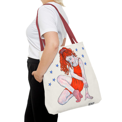 Tote Bag (AOP) - Motiv: Front Julia & Rückseite Julia 41,44cm Beige, Blaue Sterne