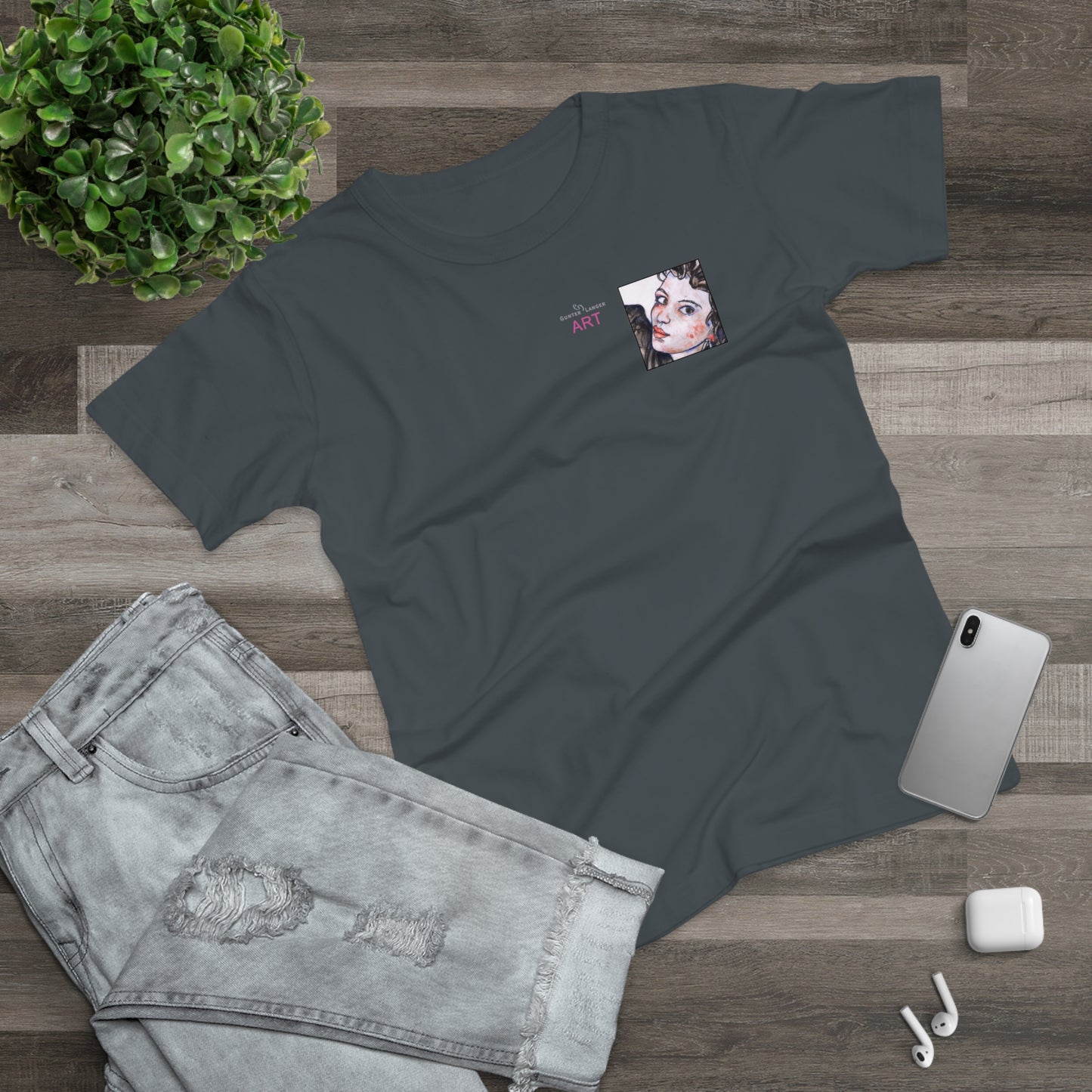 Single Jersey Women's T-shirt- dunkel - Motiv: Annette, Ausschnitt, H 7,5 cm