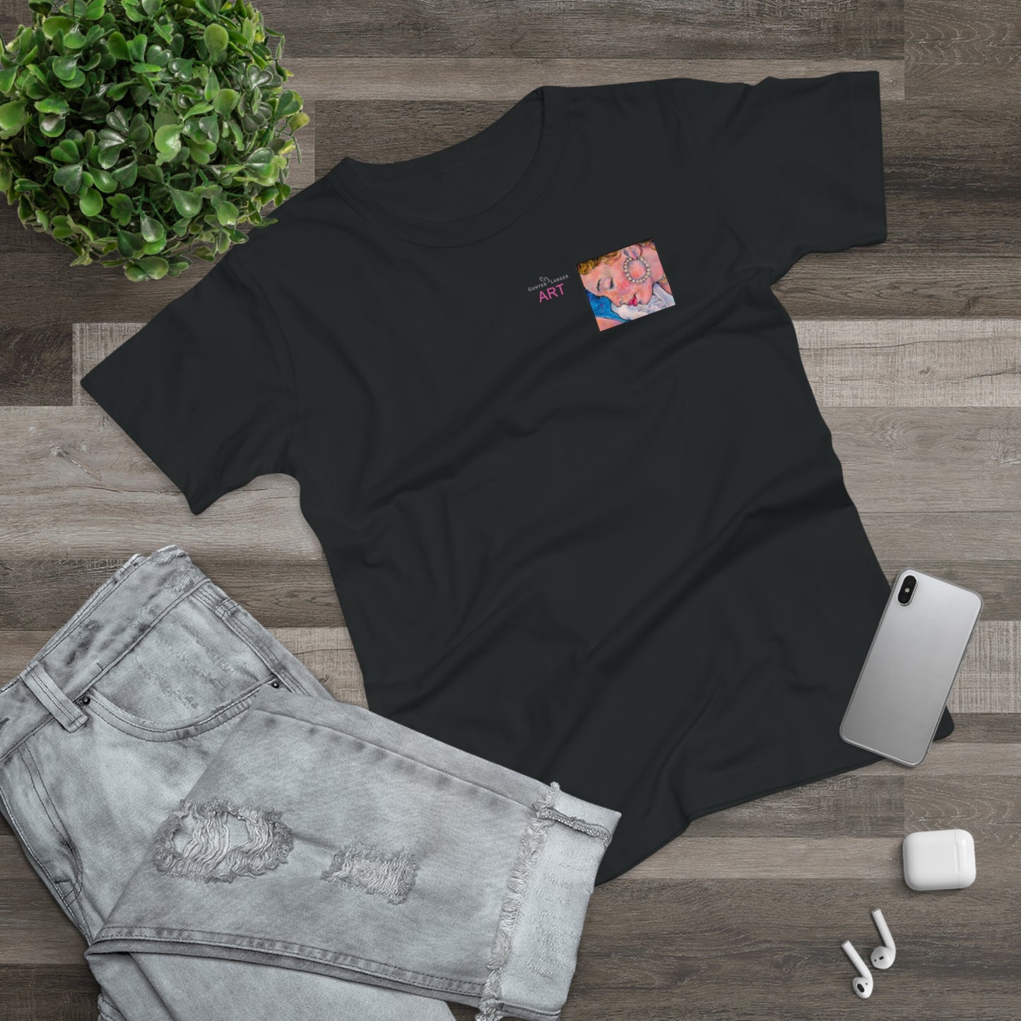Single Jersey Women's T-shirt- dunkel - Motiv: Alva, Ausschnitt, H 6,5 cm