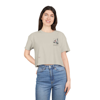 Women's Crop Tee - Motiv: Motiv: Front "Miau" klein, schwarz, H 8 cm, Rückseite "Miau"