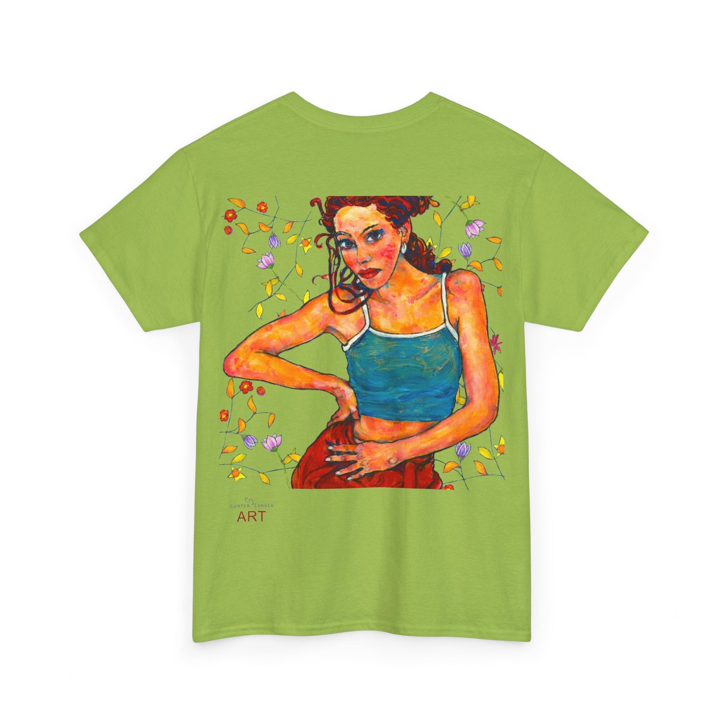 Unisex Heavy Cotton Tee - Motiv: Front, Lea, H 13cm & Rückseite, Lea A02, Ranken, 40 cm, Neck Label