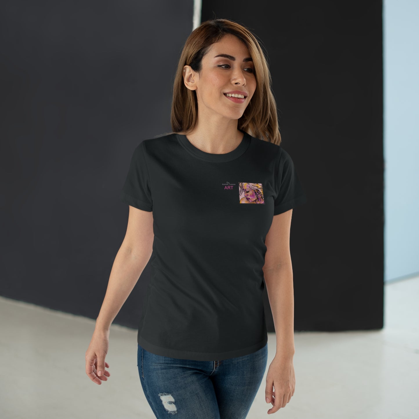 Single Jersey Women's T-shirt- dunkel - Motiv: Lilli, Ausschnitt, H 6,5 cm