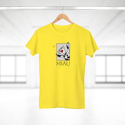 Single Jersey Women's T-shirt - hell - Motiv: Front Miau, H 15,3 cm, Rückseite Miau, H27,94 cm