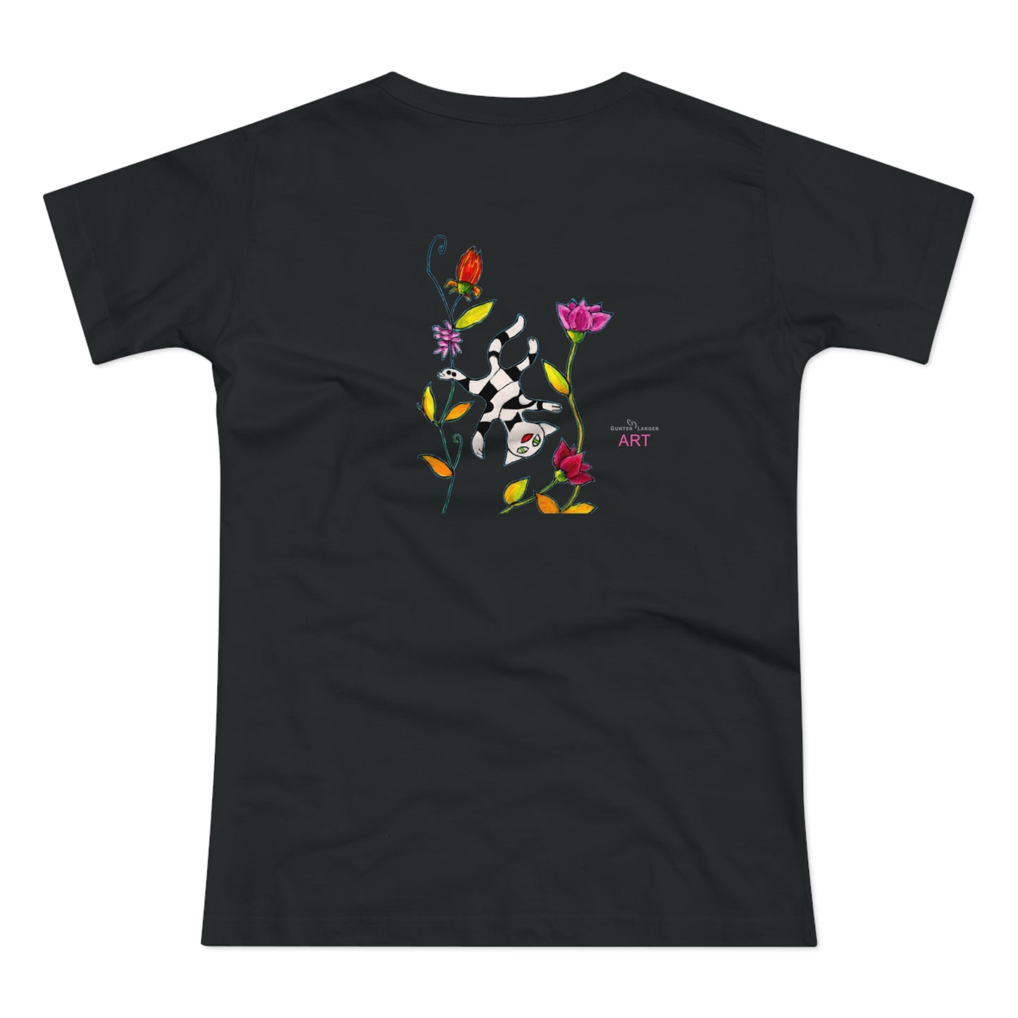 Single Jersey Women's T-shirt - dunkel - Motiv: Katze schwebt und Ranken, Vorderseite H 11 cm & Rückseite H 21,85 cm