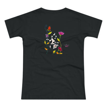 Single Jersey Women's T-shirt - dunkel - Motiv: Katze schwebt und Ranken, Vorderseite H 11 cm & Rückseite H 21,85 cm