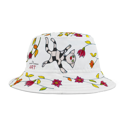 Bucket Hat (AOP) - Motiv: Katze fliegt, Ranken, Weiss
