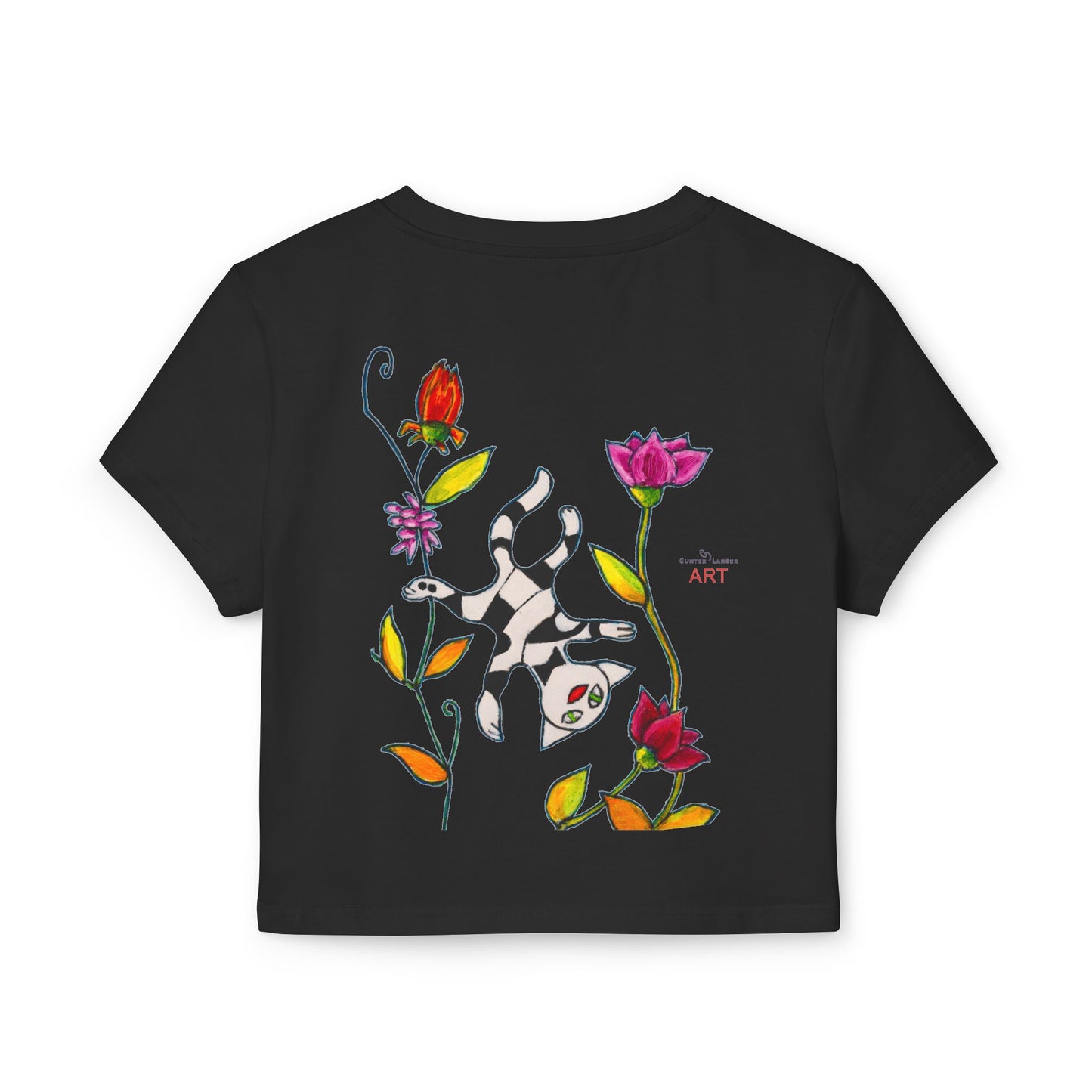 Women's Baby Tee - Motiv: Vorderseite und Rückseite, Katze schwebt & Ranken H 35 cm