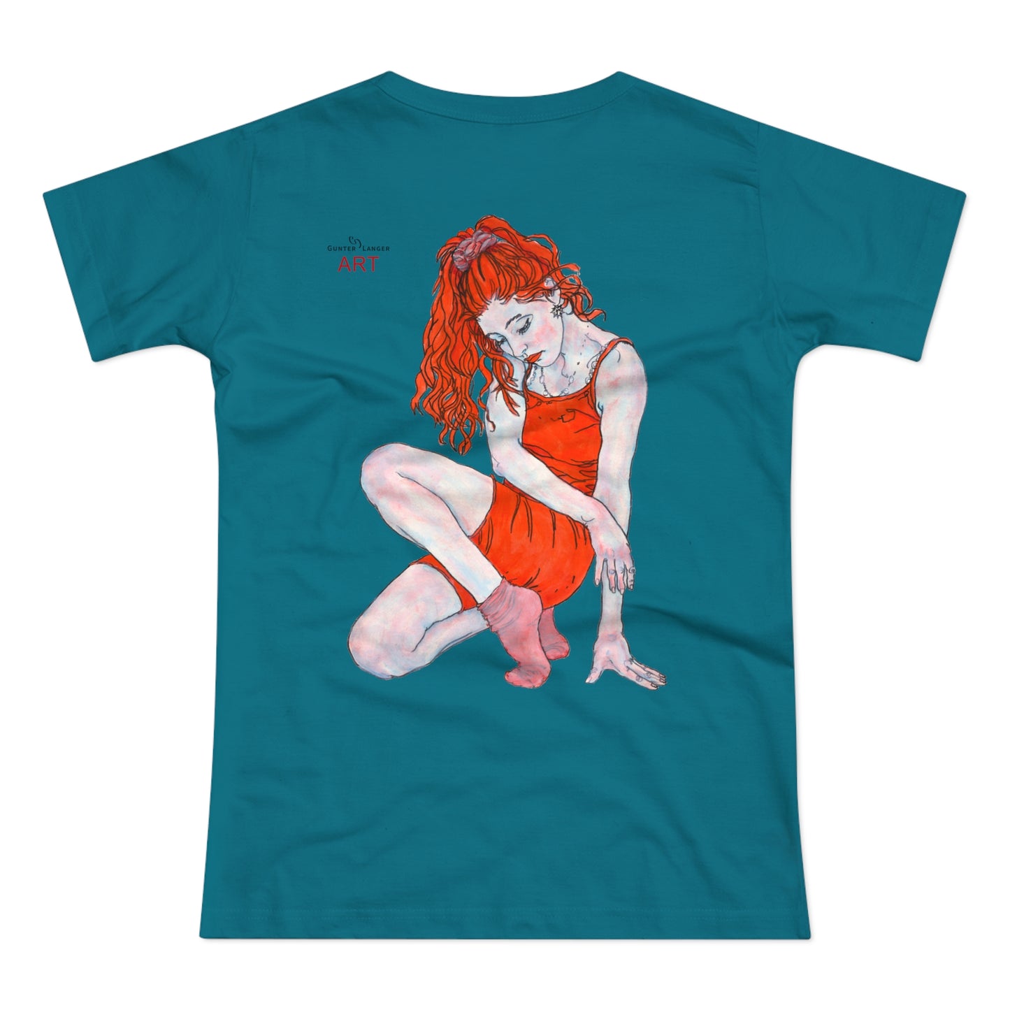 Single Jersey Women's T-shirt - hell - Motiv:  Front Julia, Ausschnitt 6,7 cm & Rückseite Julia, H 37 cm