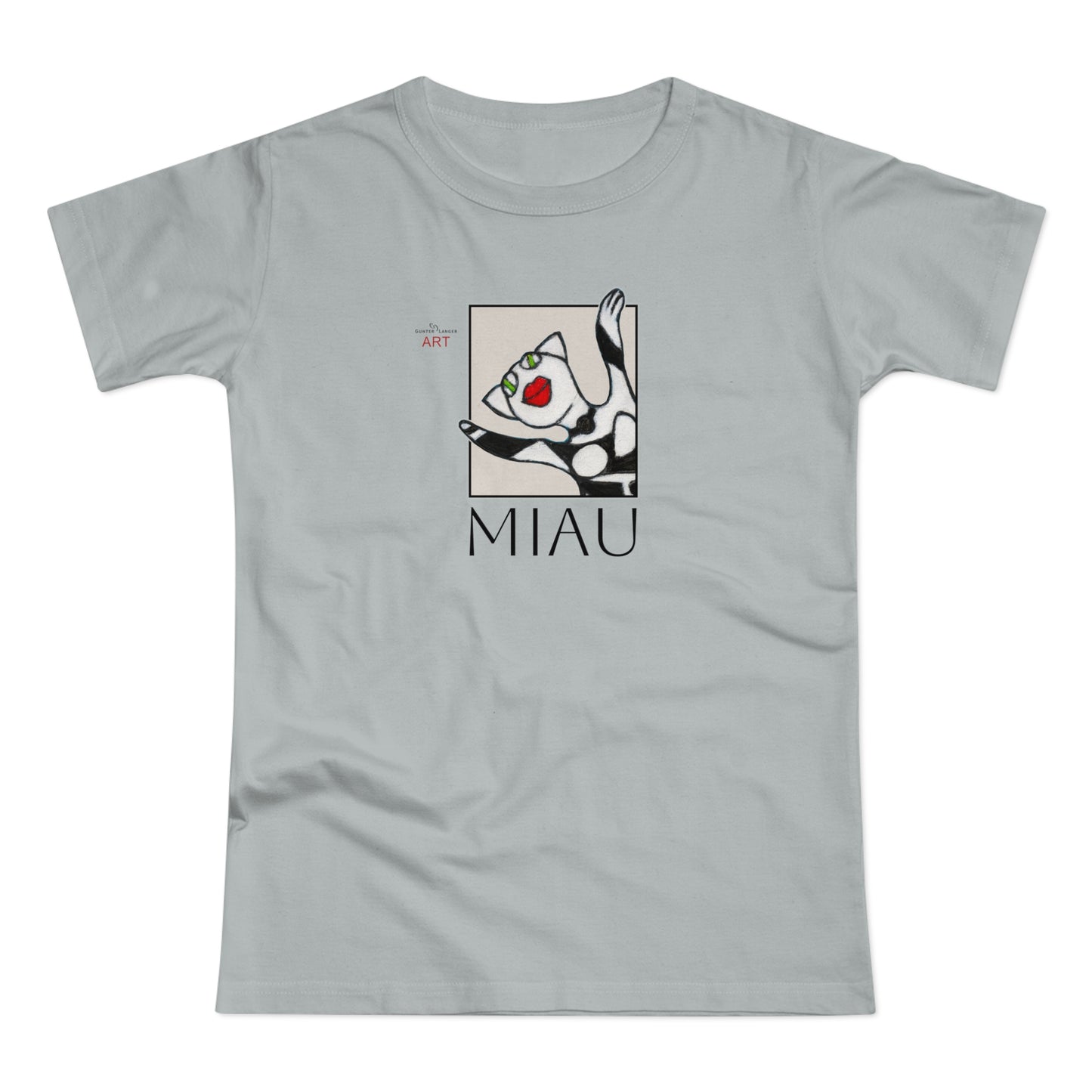 Single Jersey Women's T-shirt - hell - Motiv: Front Miau, H 15,3 cm, Rückseite Miau, H27,94 cm