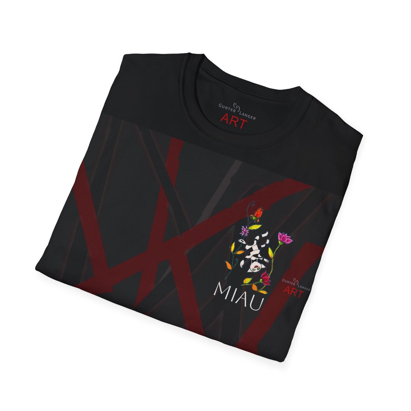 Unisex Softstyle T-Shirt - Motiv: Front, Katze schwebt, Ranken, Miau, H 11 cm, Mikado 3 & Rückseite Schrift Miau, N-Label