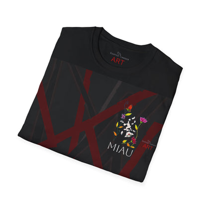 Unisex Softstyle T-Shirt - Motiv: Front, Katze schwebt, Ranken, Miau, H 11 cm, Mikado 3 & Rückseite Schrift Miau, N-Label