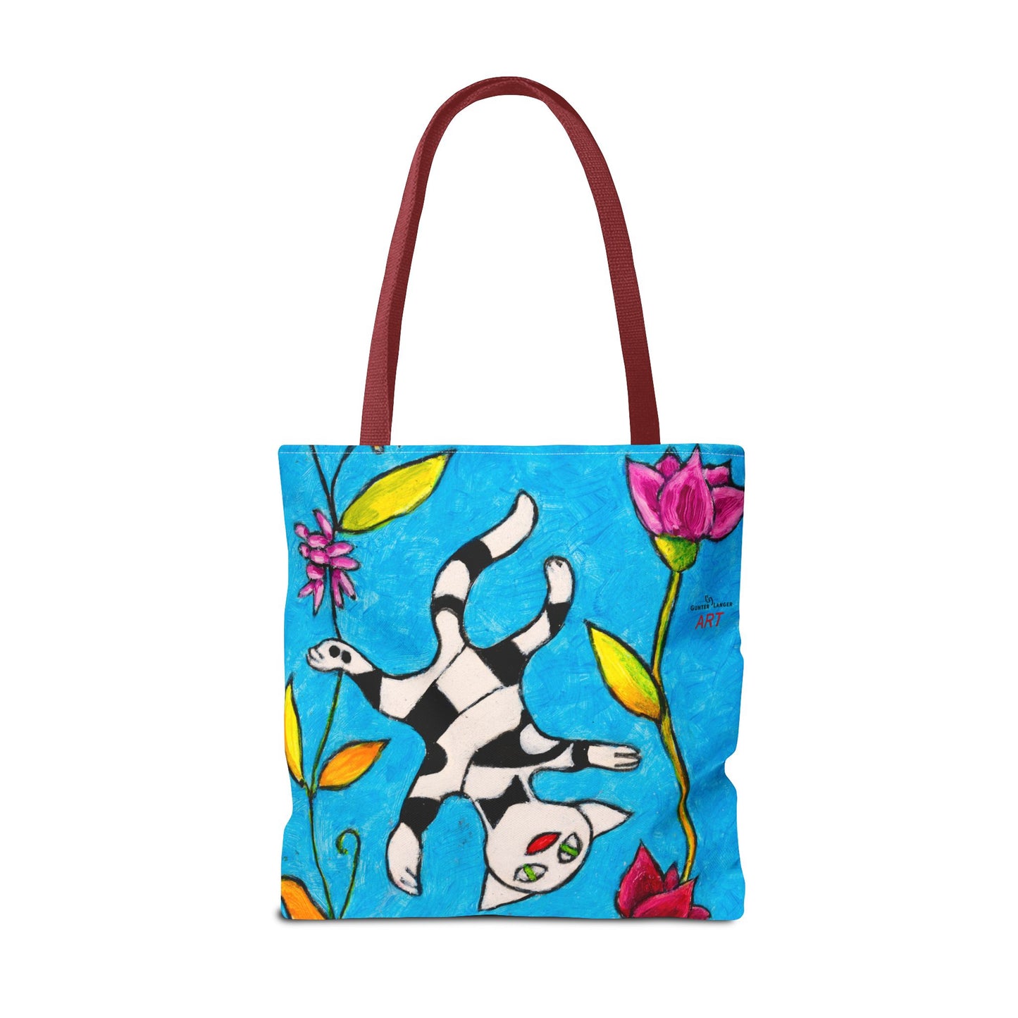 Tote Bag (AOP) - Motiv:  Front Katze schwebt, Rückseite  Katze schwebt, Blau, Ranken